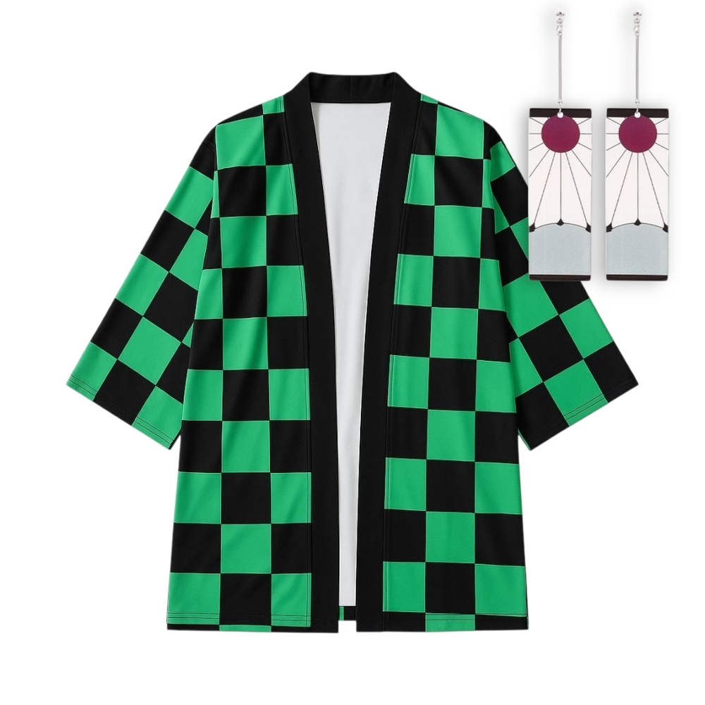 Demon Slayer Tanjiro Kamado Earrings & Kimono Robe Cosplay Set – (M/L & L/XL) - Picture 2 of 7